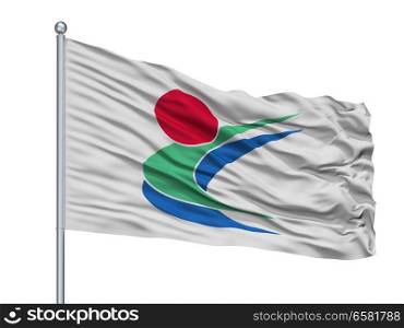 Toon City Flag On Flagpole, Country Japan, Ehime Prefecture, Isolated On White Background. Toon City Flag On Flagpole, Japan, Ehime Prefecture, Isolated On White Background