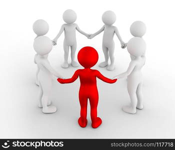 Toon men holding hands in a circle. Support group, teamwork, social connection, business leader concept. 3D illustration. Toon men holding hands in a circle. Support group, teamwork, business leader concept