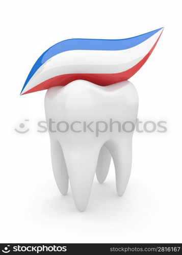 Tooth and tooth-paste on white isolated background. 3d