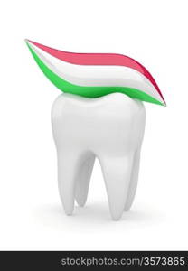 Tooth and tooth-paste on white isolated background. 3d