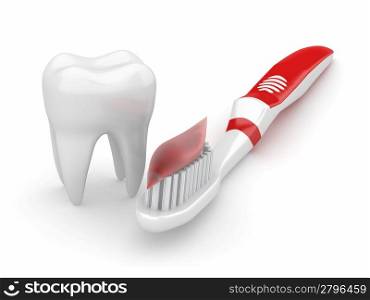 Tooth and toothbrush on white isolated background. 3d
