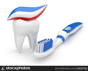 Tooth and toothbrush on white isolated background. 3d