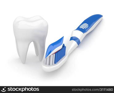 Tooth and toothbrush on white isolated background. 3d