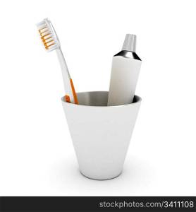 Tooth brush and paste in cap over white background