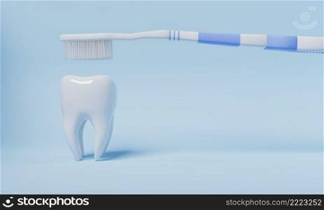 Tooth brushing by toothbrush on blue background. Health care and medical concept. 3D illustration rendering
