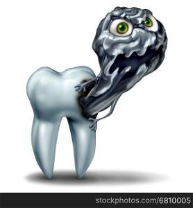 Tooth cavity monster concept as a decaying character representing dental rot emerging out as a dentist health and dental care symbol for oral hygiene risk and the danger of growing cavities on teeth as a 3D illustration.