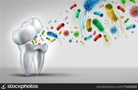 Tooth Germs Teeth Bacteria as a cavities and dental health care concept as an open molar tooth with disease and bacterial infection emerging out as a hygiene symbol of dentistry and dentist services as a 3D illustration..