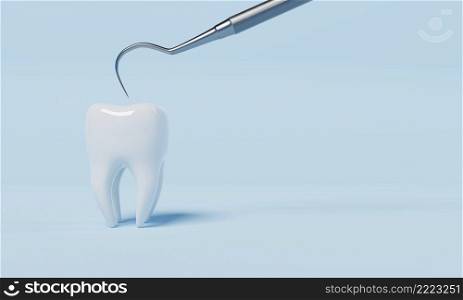 Tooth healthy check with dental inspection hook on blue background. Health care and medical concept. 3D illustration rendering