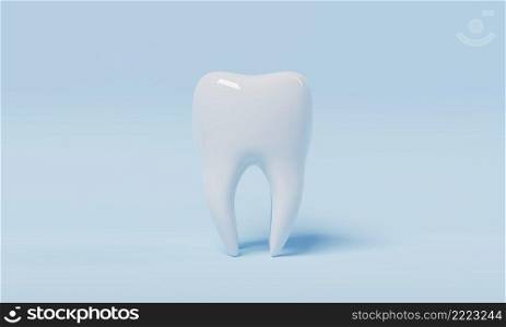 Tooth on blue background with copy space. Dental and Health care concept. 3D illustration rendering