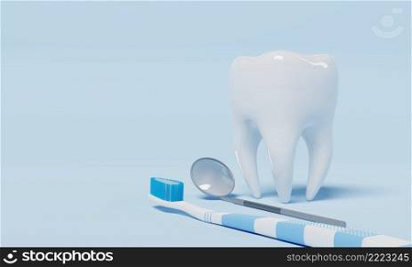 Tooth with dental inspection mirror and toothbrush on blue background. Dental and Health care concept. 3D illustration rendering
