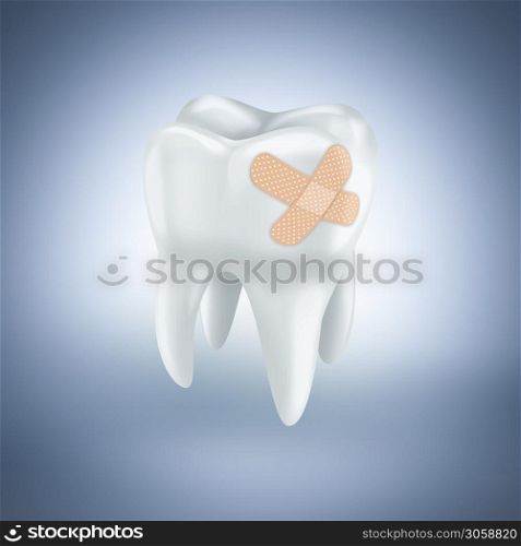 Tooth with plaster on light blue background