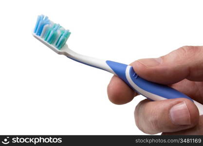 toothbrush in hand isolated on white background