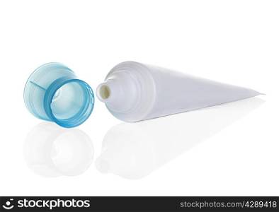 toothpaste in white tube isolated on white background