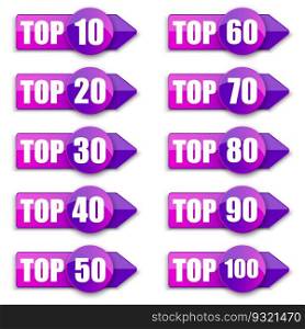 Top 10, 20, 30 ,40, 50, 60, 70, 80, 90, 100 word on purple ribbon arrow. Vector illustration. Stock picture. EPS 10.. Top 10, 20, 30 ,40, 50, 60, 70, 80, 90, 100 word on purple ribbon arrow. Vector illustration. Stock picture.
