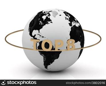 TOP 8 golden letters on a gold ring around the earth on white background