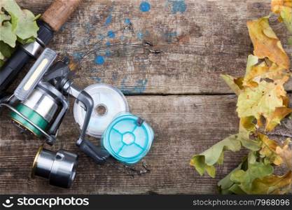top background with fishing tackles on old wooden board with leaf