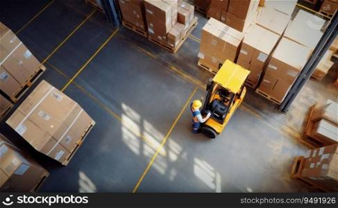 Top-Down View In Warehouse People Working Forklift