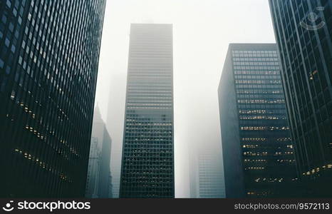 Top-down view of modern skyscrapers, captured on 35mm film. The urban landscape showcases architectural prowess and city dynamics. Created with generative AI tools. Top-down view of modern skyscrapers, captured on 35mm film. The urban landscape. Created with generative AI tools