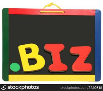 Top level domain Dot BIZ spelled out on chalkboard with wooden letters