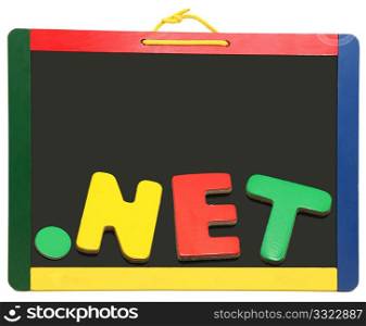 Top level domain Dot NET spelled out on chalkboard with wooden letters