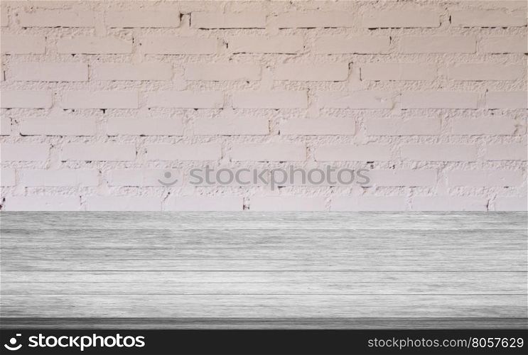 Top of black and white wooden table with white brick wall decorated in coffee shop
