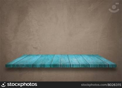 Top of blue wooden shelf on concrete background with filter, stock photo