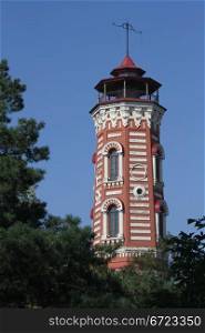 Top of brick fire tower in Volgograd, Russia