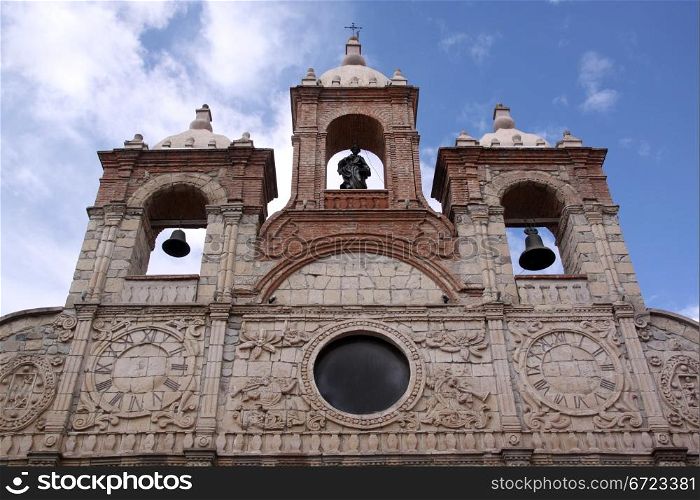 Top of stone church on the square in Riobamba in Ecuador