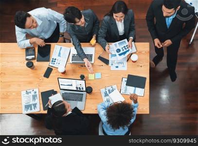 Top panorama view business presentation data analysis dashboard on TV screen in modern meeting. Corporate presentation with group of business people in conference room. Concord. Top panorama view business presentation data analysis dashboard on TV. Concord