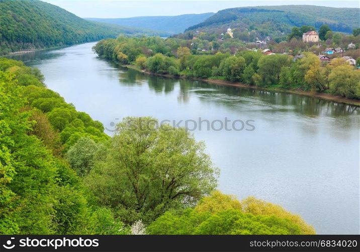 Top picturesque view of the Dnister river and village. Spring, Ustechko, Ternopil region, Ukraine, Europe.