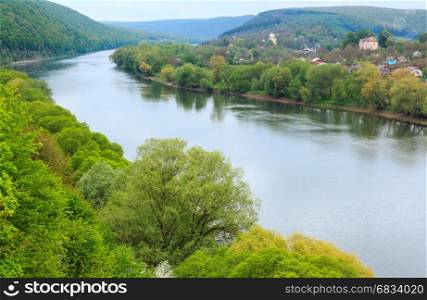 Top picturesque view of the Dnister river and village. Spring, Ustechko, Ternopil region, Ukraine, Europe.