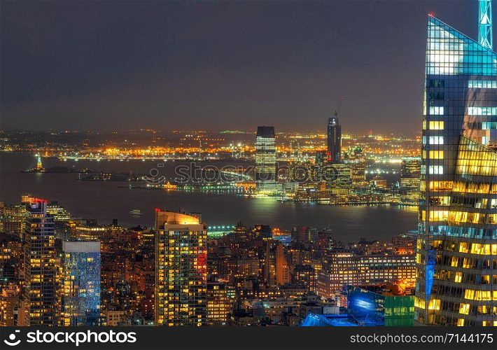 Top Scene of New York City Cityscape in lower manhattan at the twilight time, USA downtown skyline, Architecture and building skyscraper with tourist concept