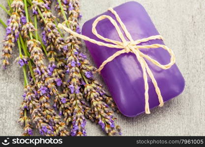 Top shot of lavender soap and flover over wooden table