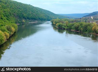 Top spring view of the Dnister river bend canyon (Ustechko, Ternopil region, Ukraine, Europe).