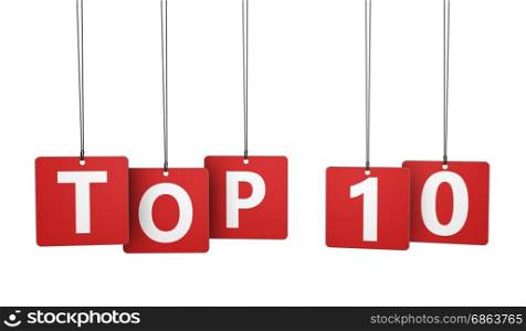 Top ten sign and word on red paper tags isolated on white background 3D illustration.