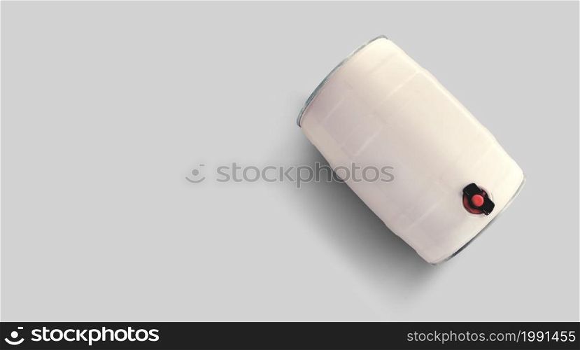 Top up view blank white beer barrel isolated on grey background.