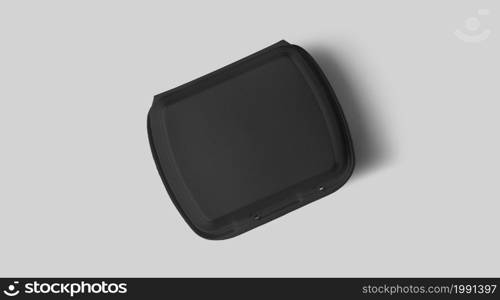Top up view of blank black styrofoam isolated on grey. eco food lunch concept.