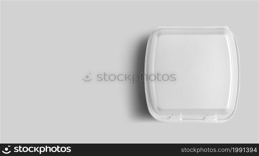 Top up view of blank white styrofoam isolated on grey. eco food lunch concept.