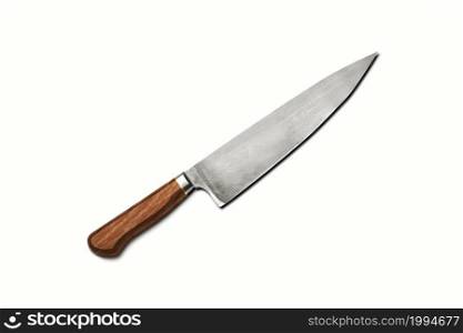 Top up view of knife with wooden handle on white . fit for your design element.
