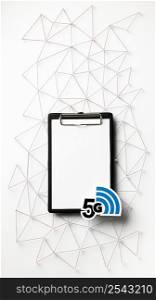 top view 5g wi fi symbol with clipboard