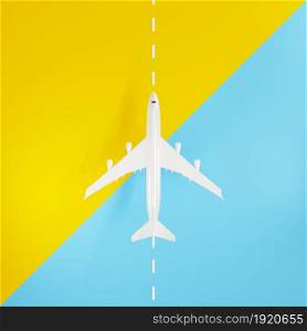 Top view Airplane during landing or taking off over ground on runway from the airport, Large jet plane takeoff on yellow and blue background, business travel flight concept, 3D rendering illustration