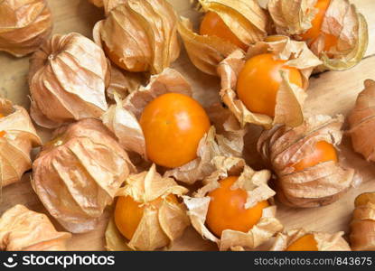 Top view and close up orange organic cape gooseberry fruit