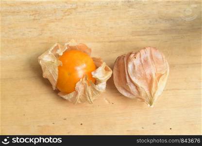 Top view and close up orange organic cape gooseberry fruit