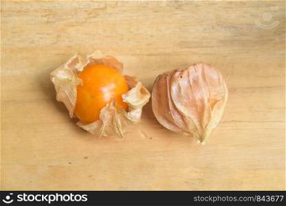 Top view and close up orange organic cape gooseberry fruit