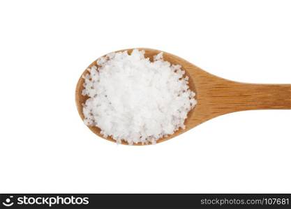 Top view angle of sea salt in wooden spoon isolated on white background with clipping path