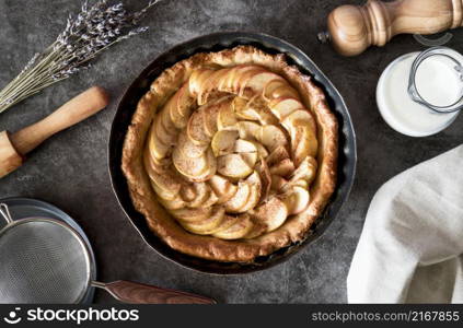 top view apple pie tray