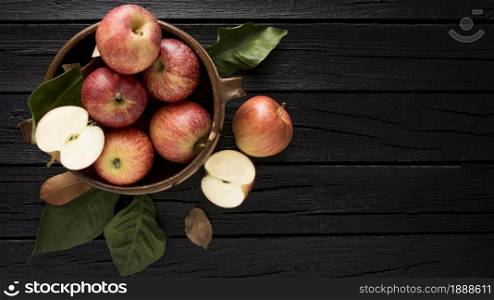 top view apples basket with copy space. Resolution and high quality beautiful photo. top view apples basket with copy space. High quality and resolution beautiful photo concept