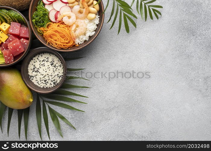 top view arrangement delicious poke bowl