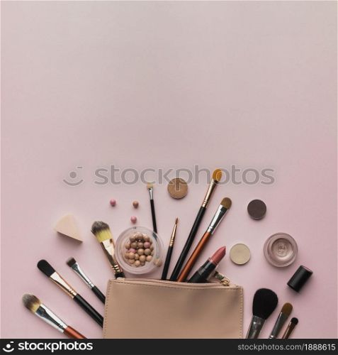 top view arrangement with beauty bag copy space. Resolution and high quality beautiful photo. top view arrangement with beauty bag copy space. High quality and resolution beautiful photo concept