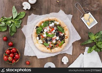 top view arrangement with pizza